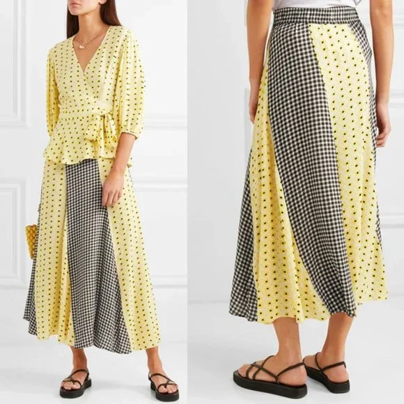 GANNI Daisy Printed Floral Crepe Paneled Maxi Skirt Gingham Yellow Flowy EU 40 - Picture 2 of 15